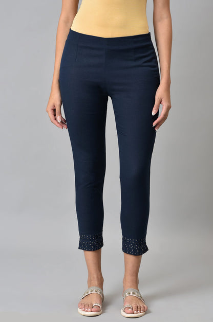 Navy Blue Solid Embroidered Slim Pants