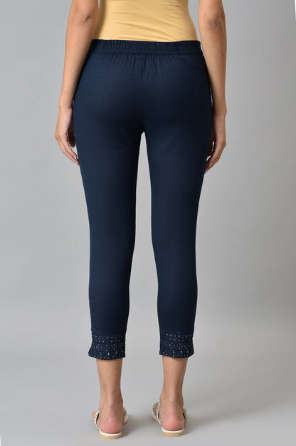 Navy Blue Solid Embroidered Slim Pants