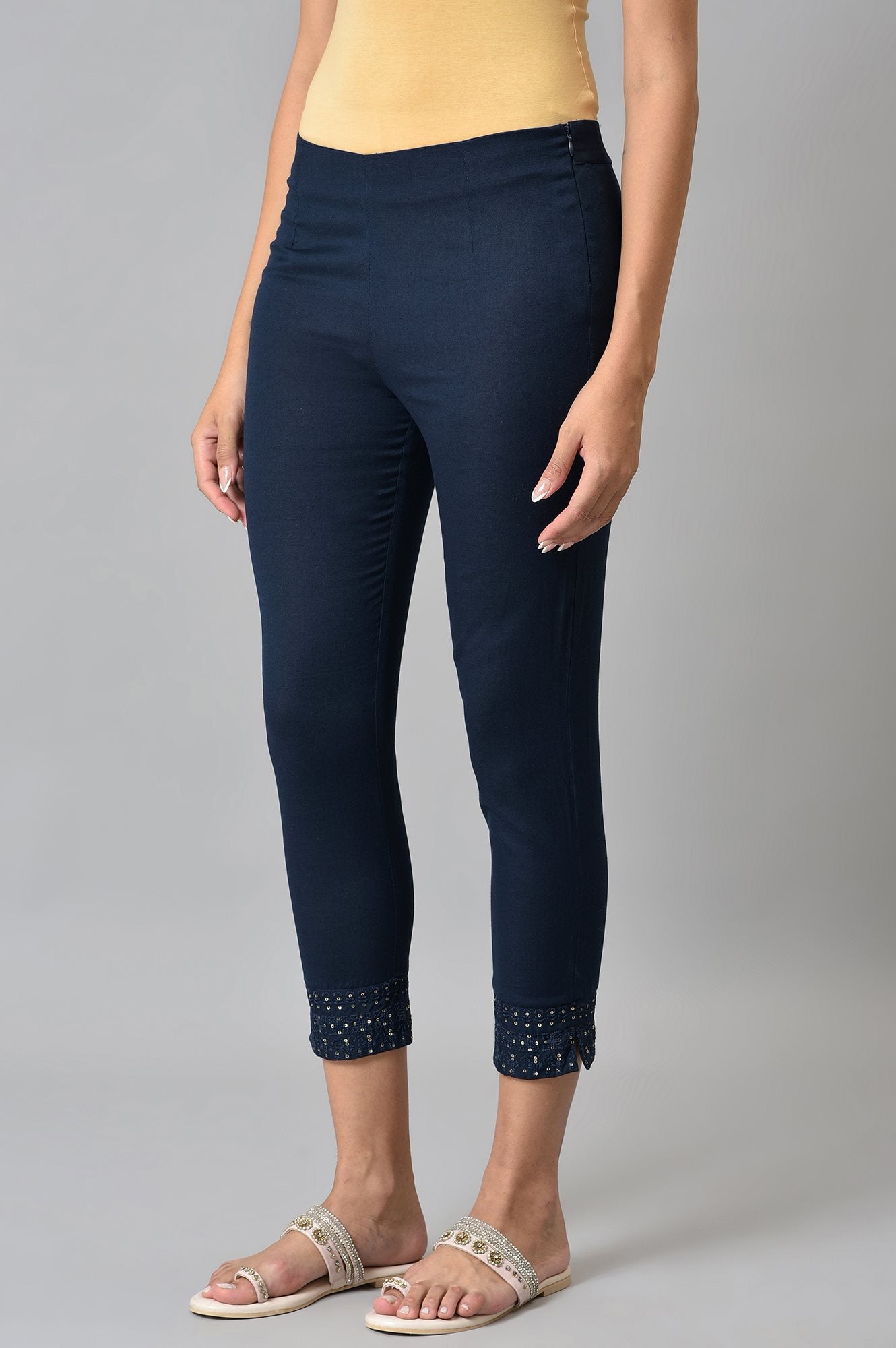 Navy Blue Solid Embroidered Slim Pants