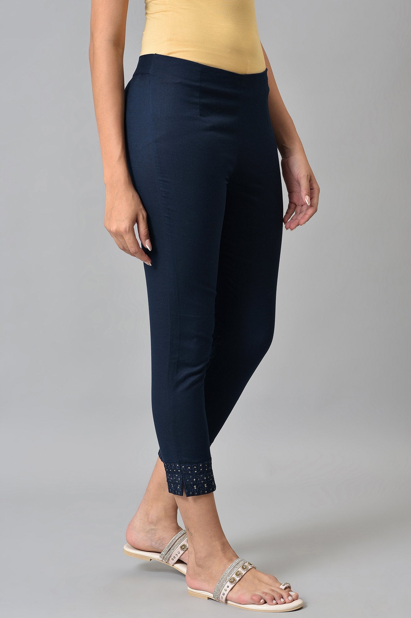 Navy Blue Solid Embroidered Slim Pants