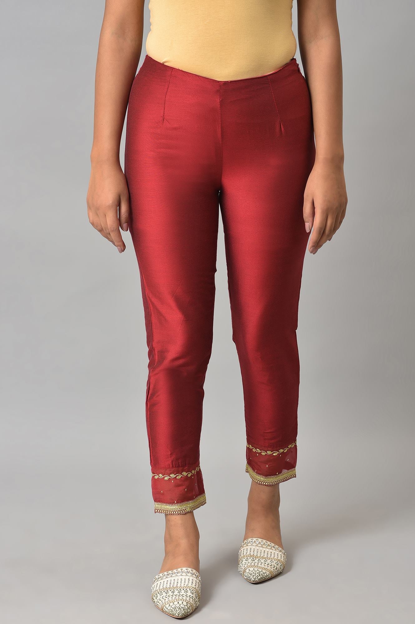 Red Embroidered Light Festive Slim Pants