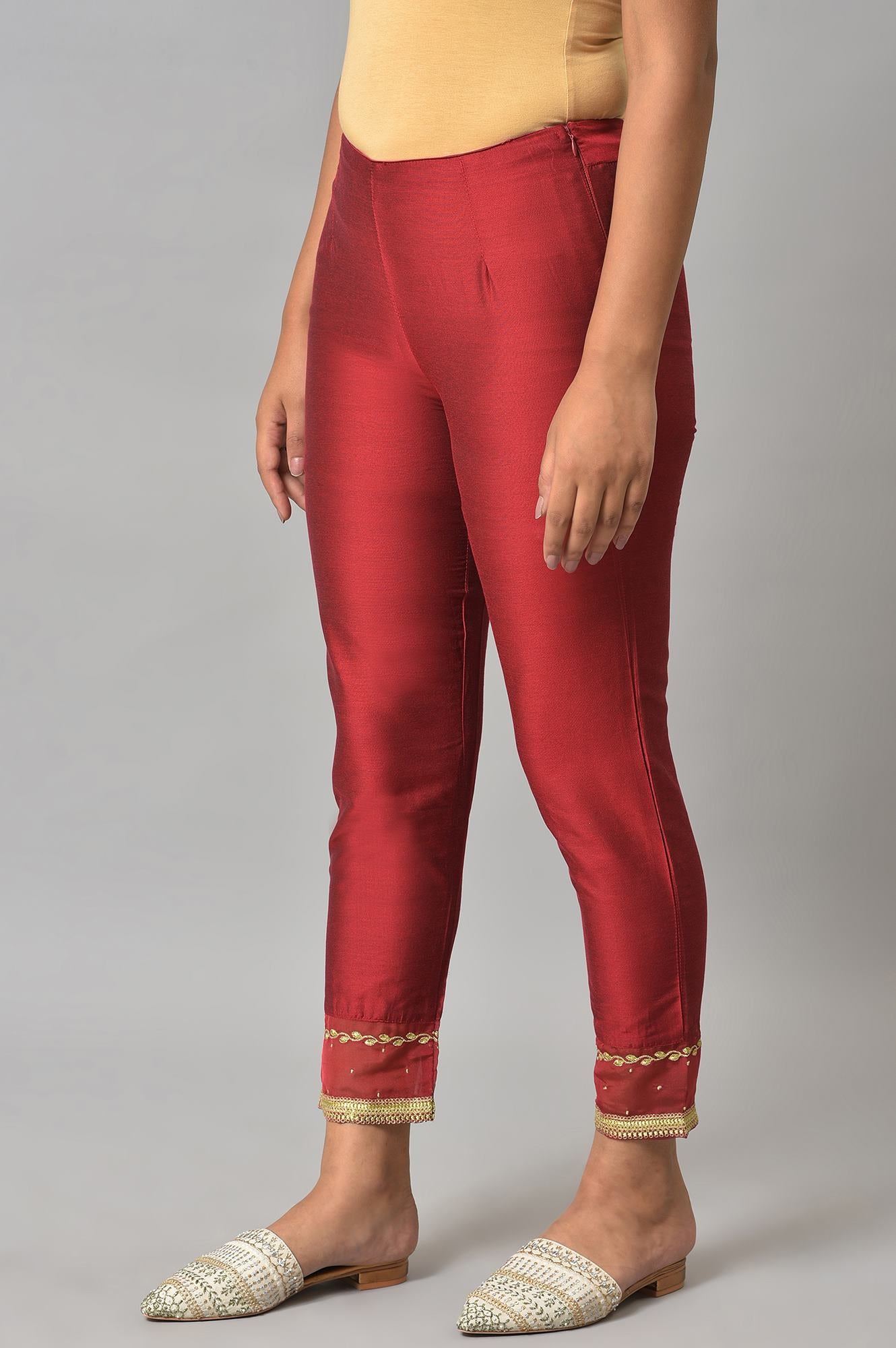 Red Embroidered Light Festive Slim Pants