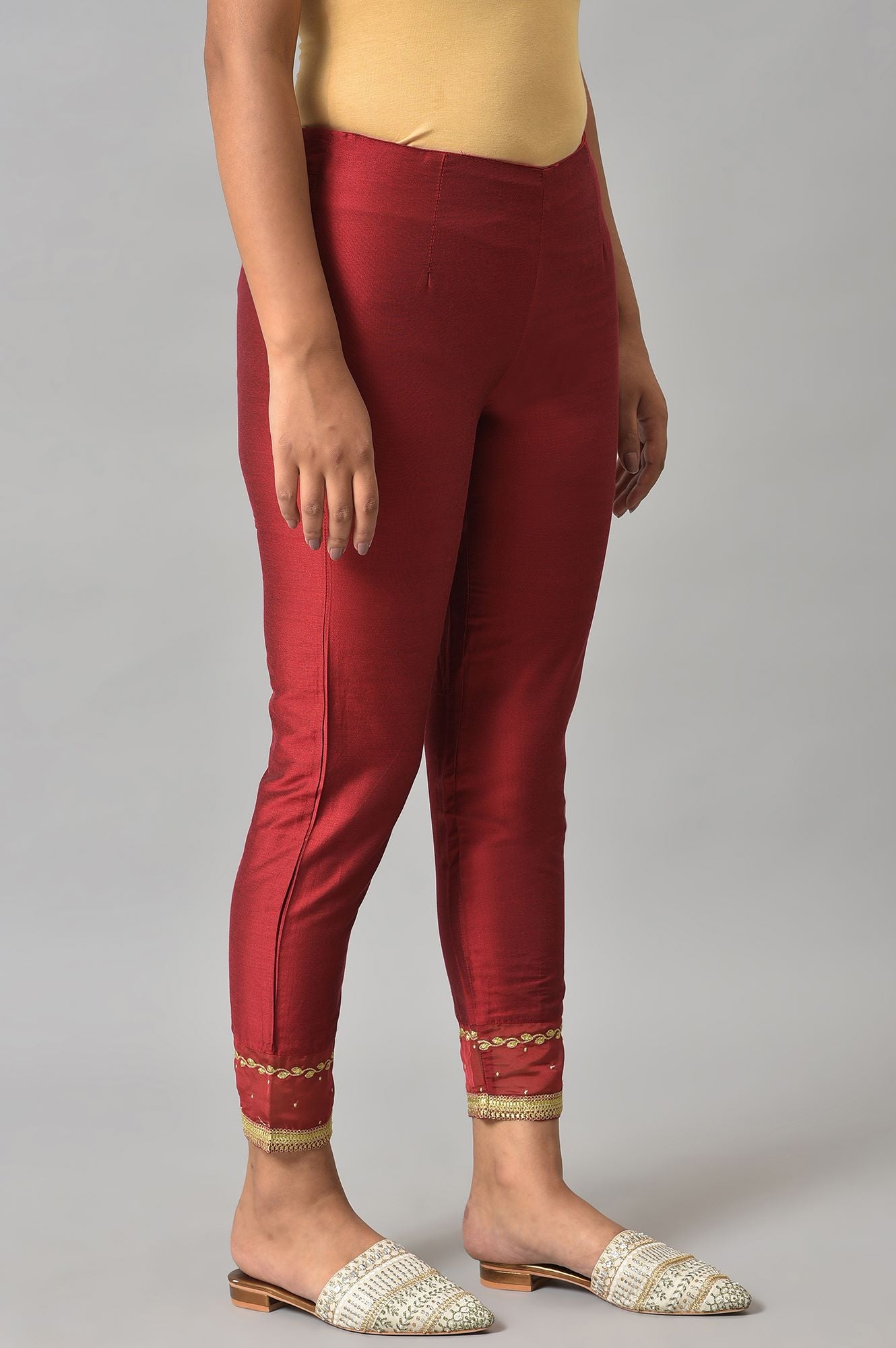 Red Embroidered Light Festive Slim Pants