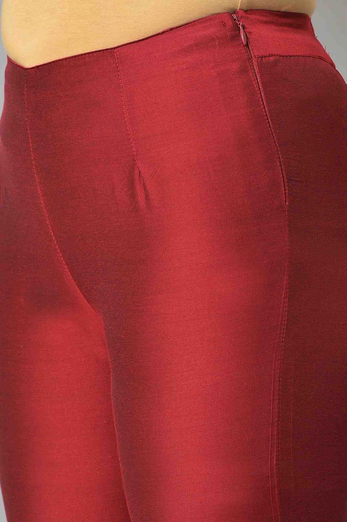 Red Embroidered Light Festive Slim Pants