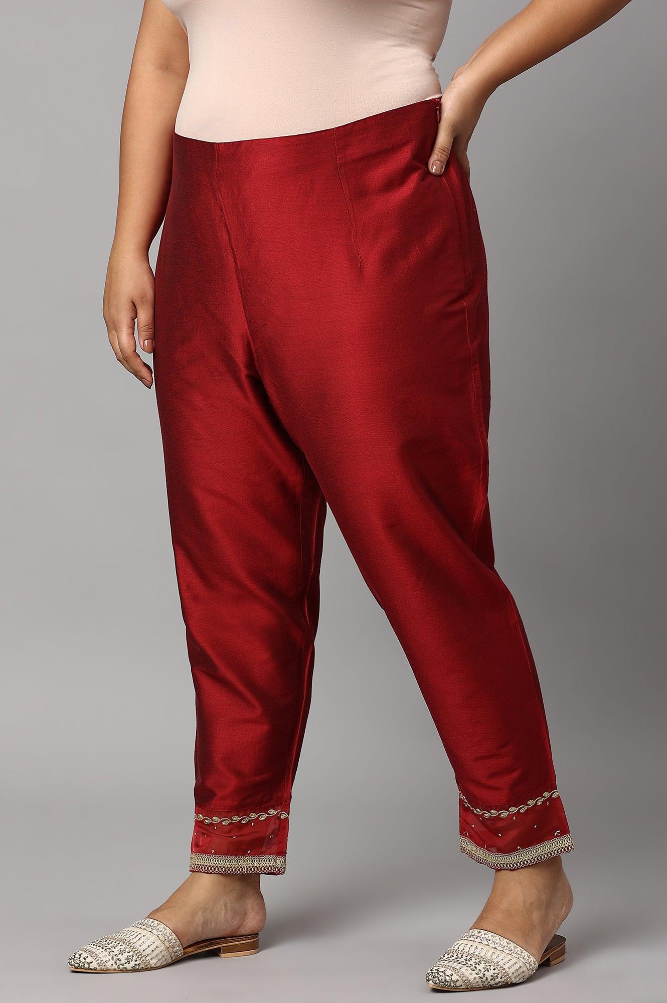 Red Embroidered Light Festive Plus Size Slim Pants - wforwoman
