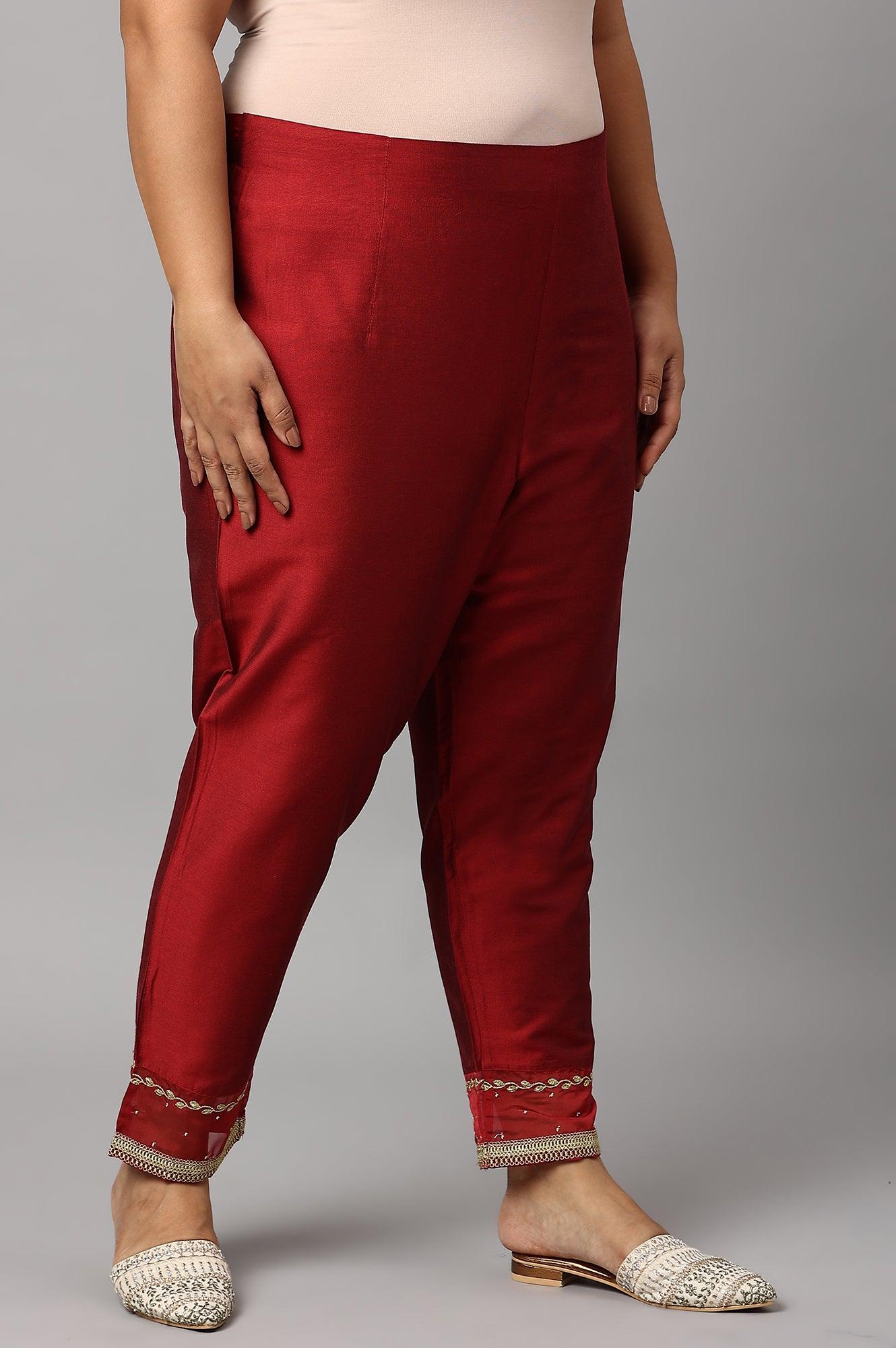 Red Embroidered Light Festive Plus Size Slim Pants - wforwoman