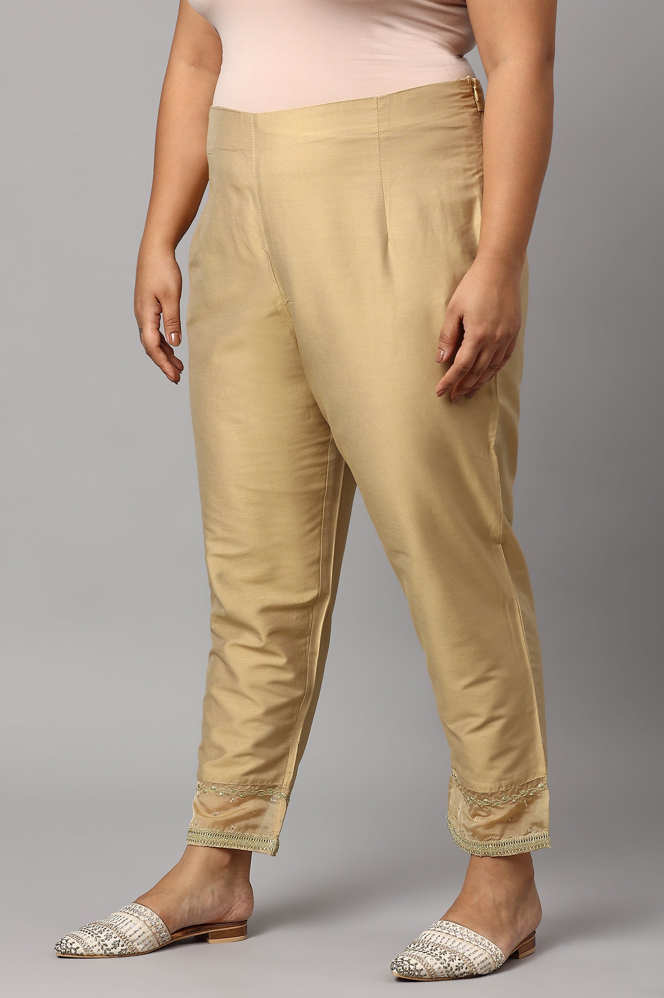 Gold Embroidered Light Festive Plus Size Slim Pants