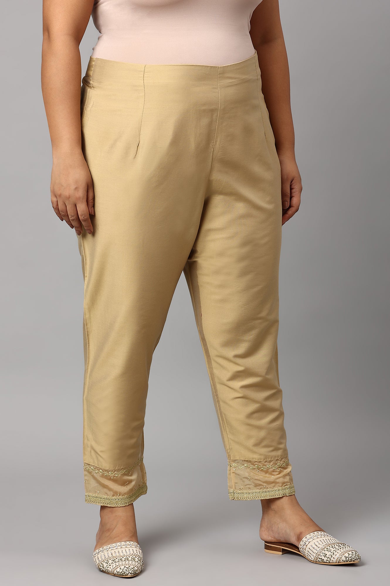 Gold Embroidered Light Festive Plus Size Slim Pants