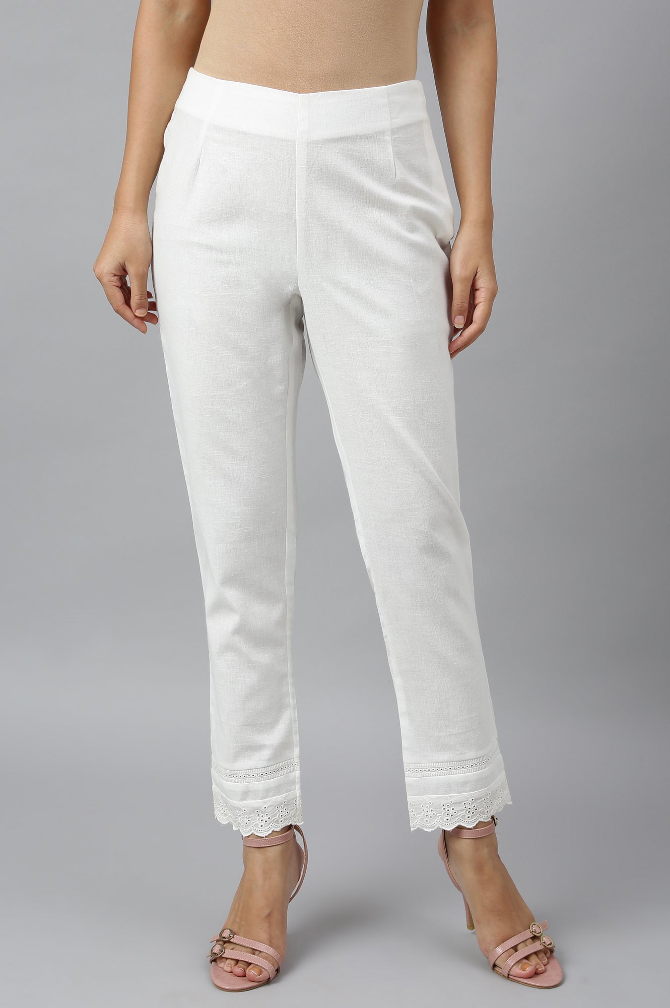 Ecru Slim Pants With Lace