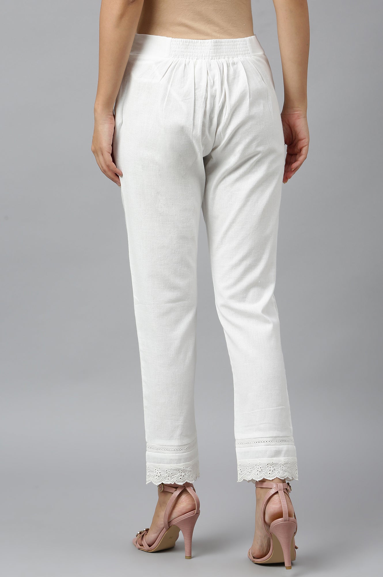 Ecru Slim Pants With Lace