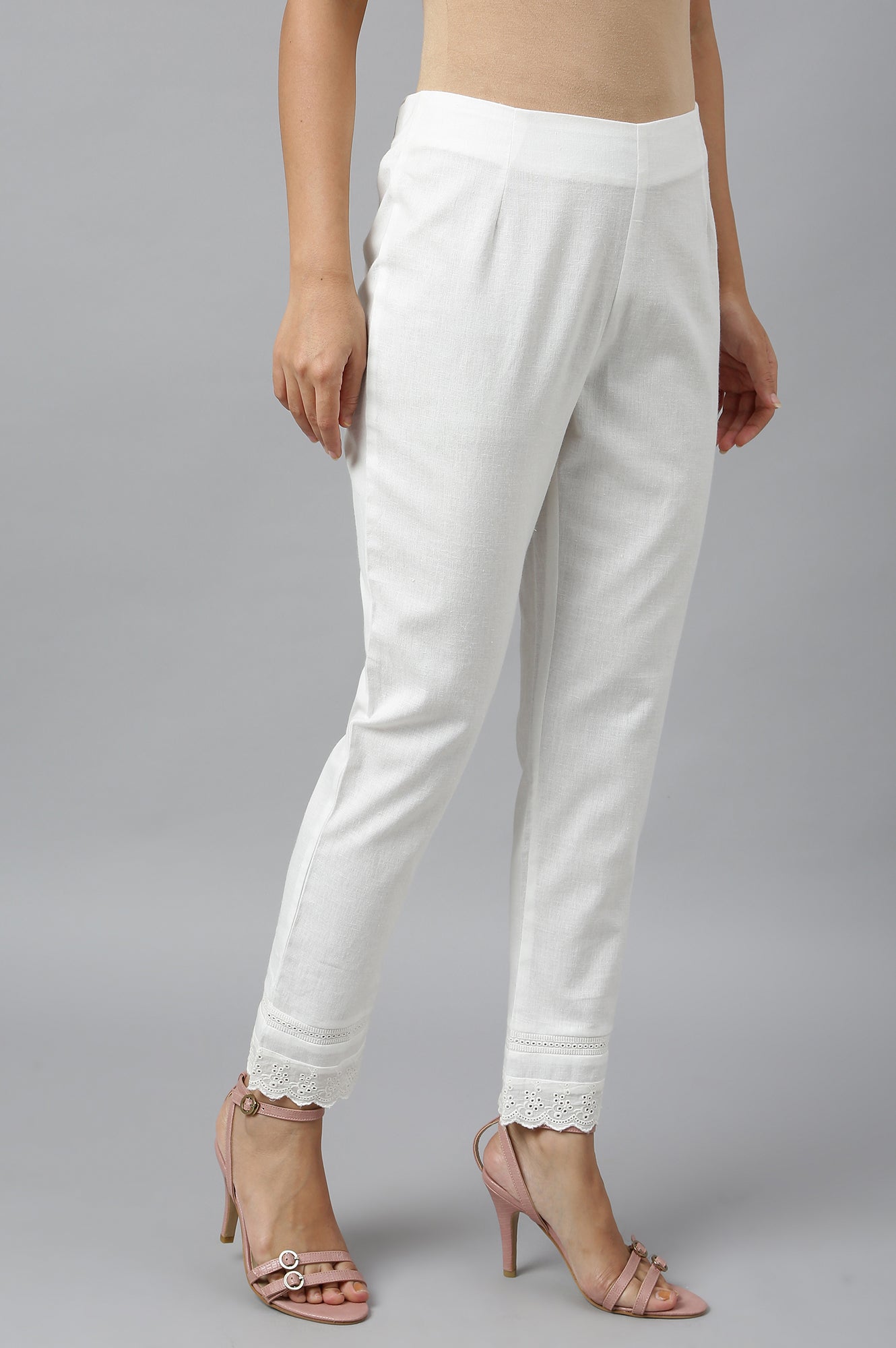 Ecru Slim Pants With Lace