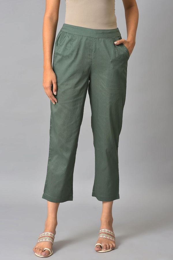 Olive Green Solid Cotton Straight Pants