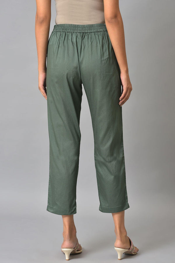 Olive Green Solid Cotton Straight Pants