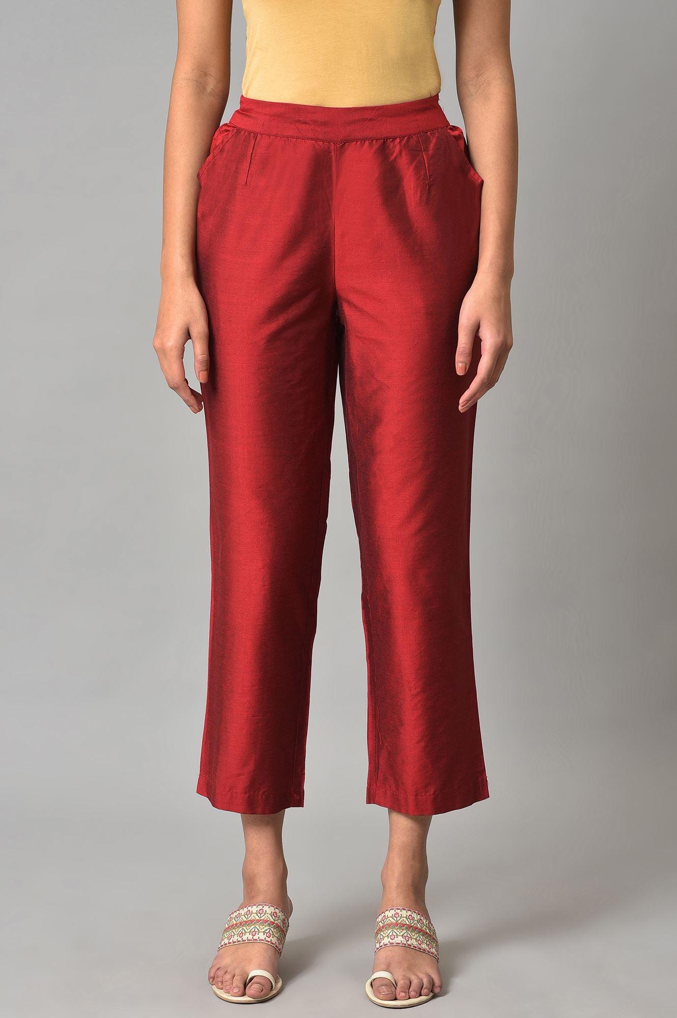 Red Solid Straight Women Pants - wforwoman