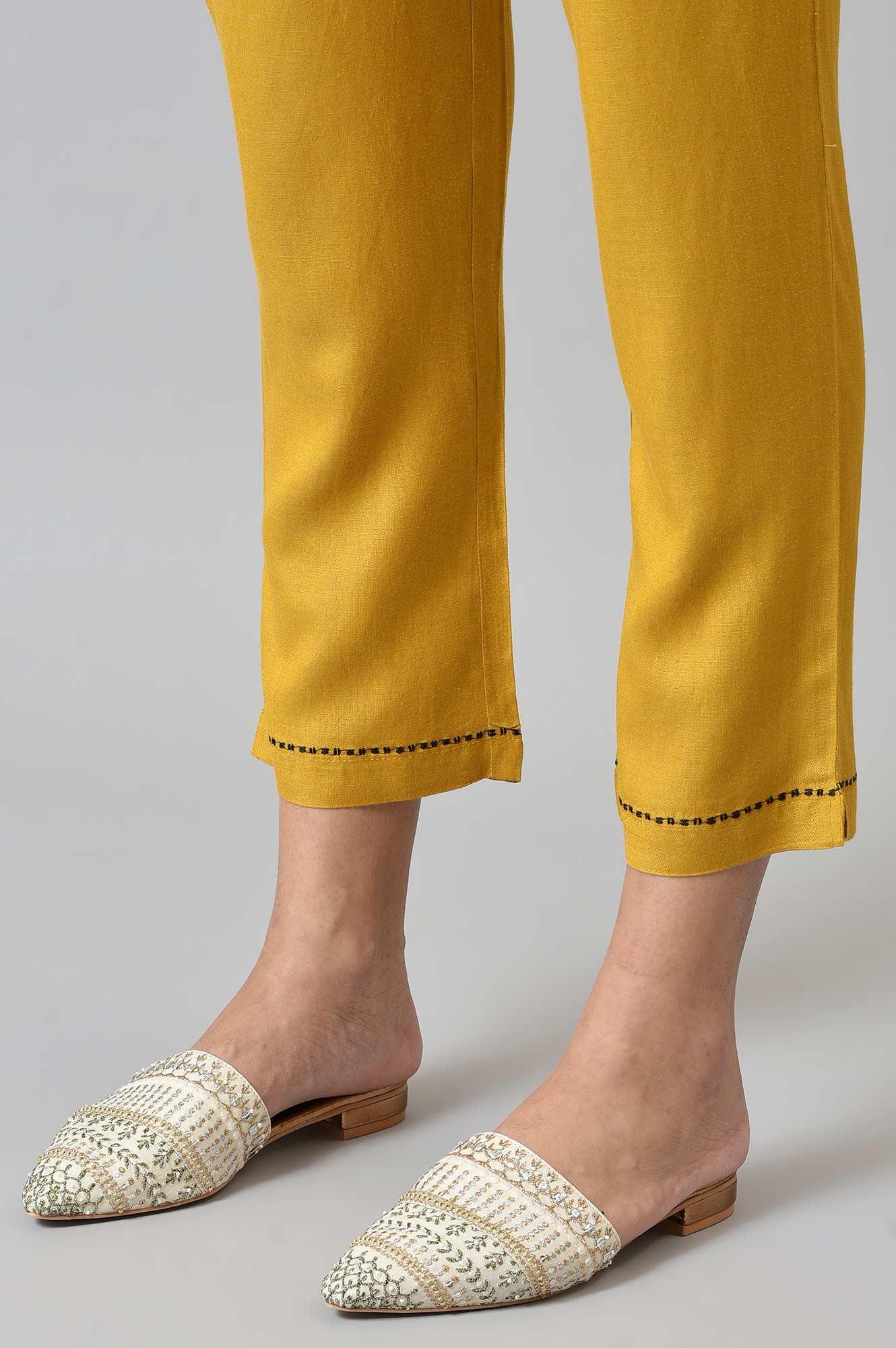 Yellow Embroidered Straight Pants - wforwoman