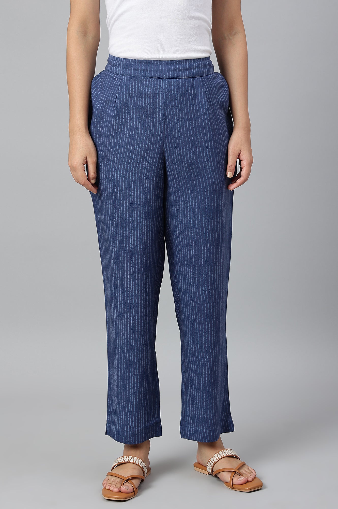 Blue Stripe Print Women Straight Pants