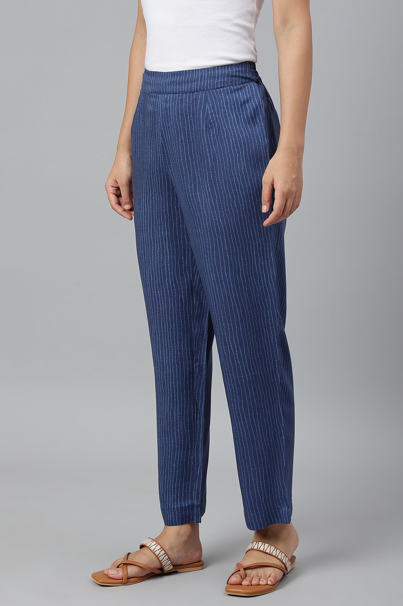 Blue Stripe Print Women Straight Pants