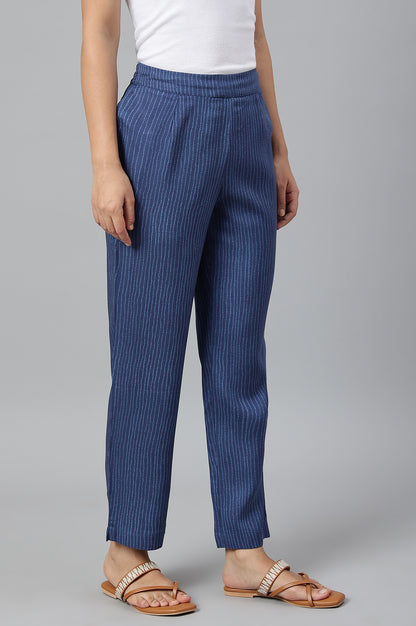 Blue Stripe Print Women Straight Pants