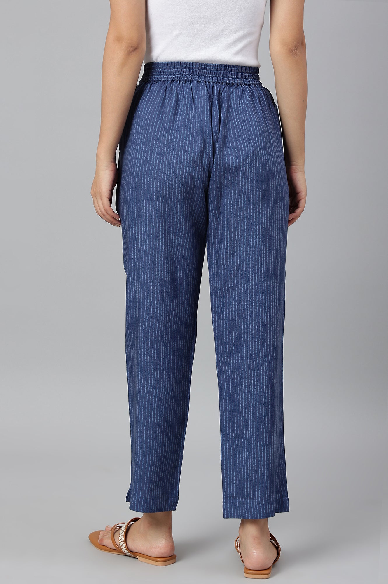 Blue Stripe Print Women Straight Pants