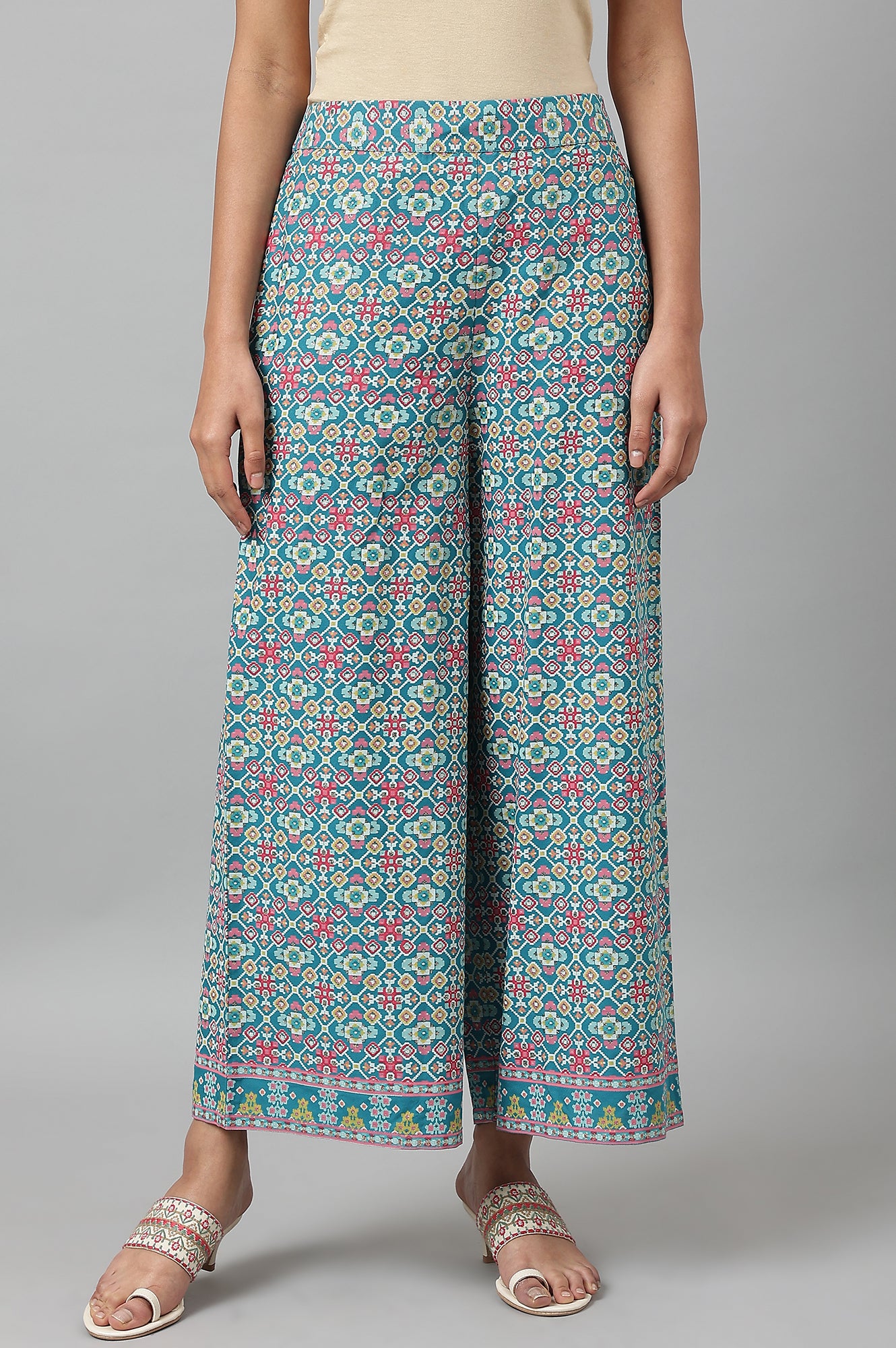 Teal Blue Rayon Printed Parallel Pants