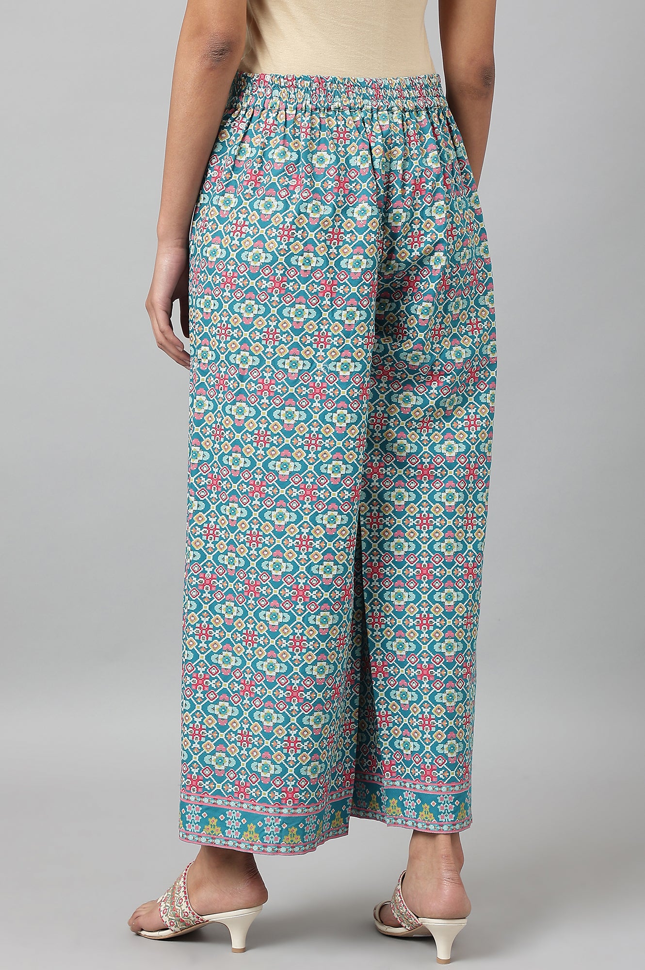 Teal Blue Rayon Printed Parallel Pants