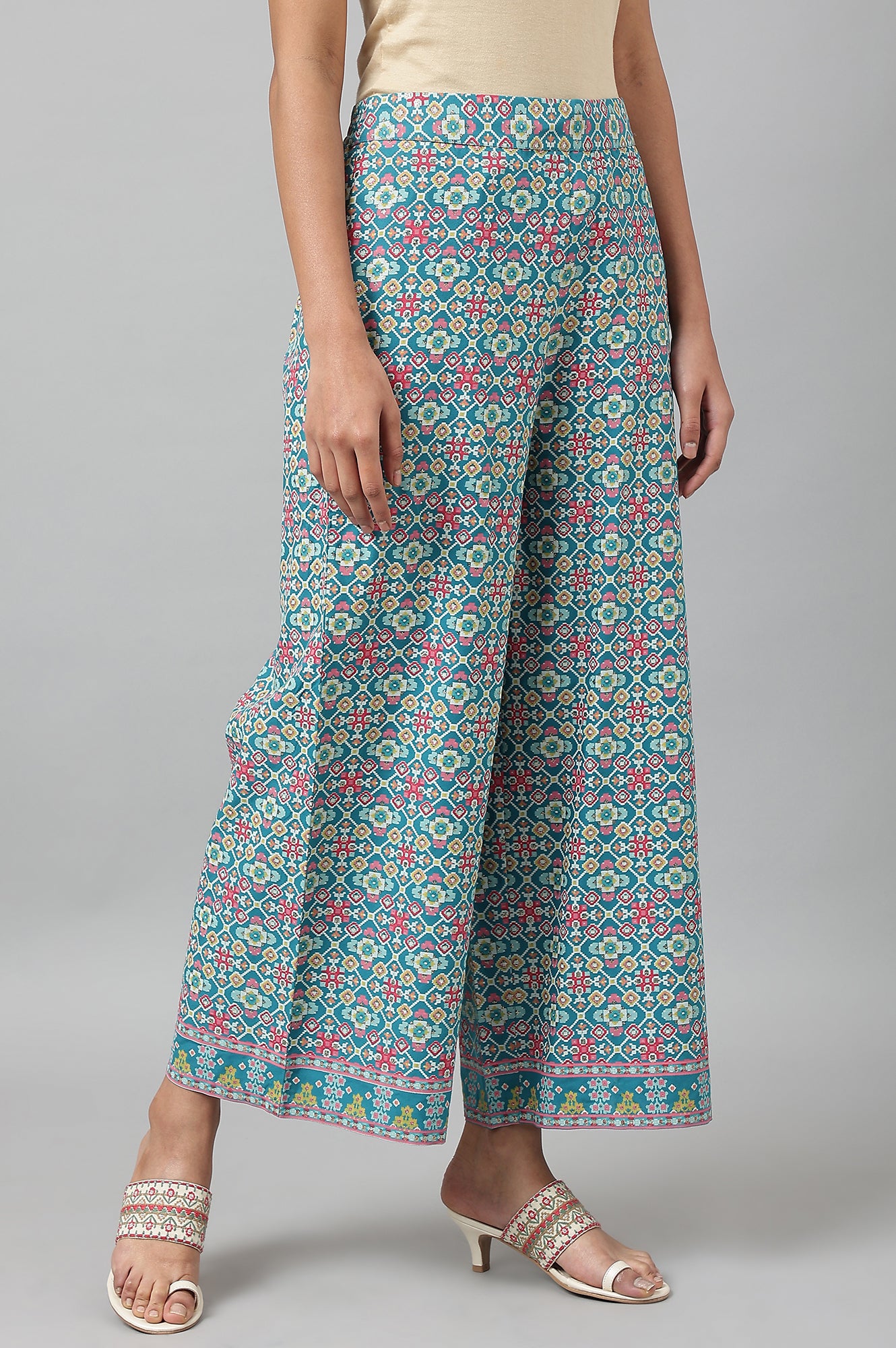 Teal Blue Rayon Printed Parallel Pants