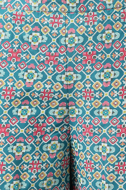 Teal Blue Rayon Printed Parallel Pants