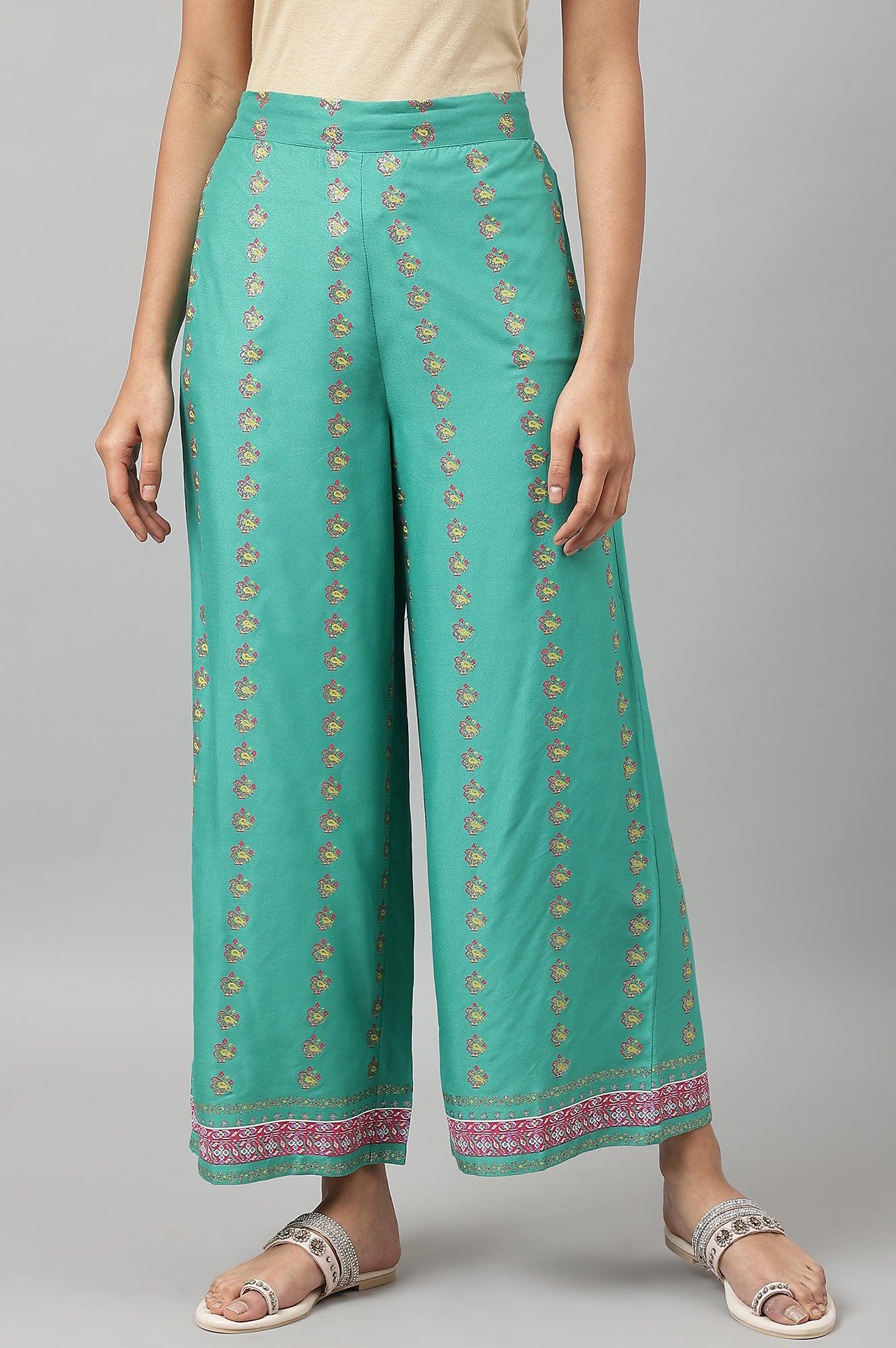 Green Rayon Printed Parallel Pants - wforwoman