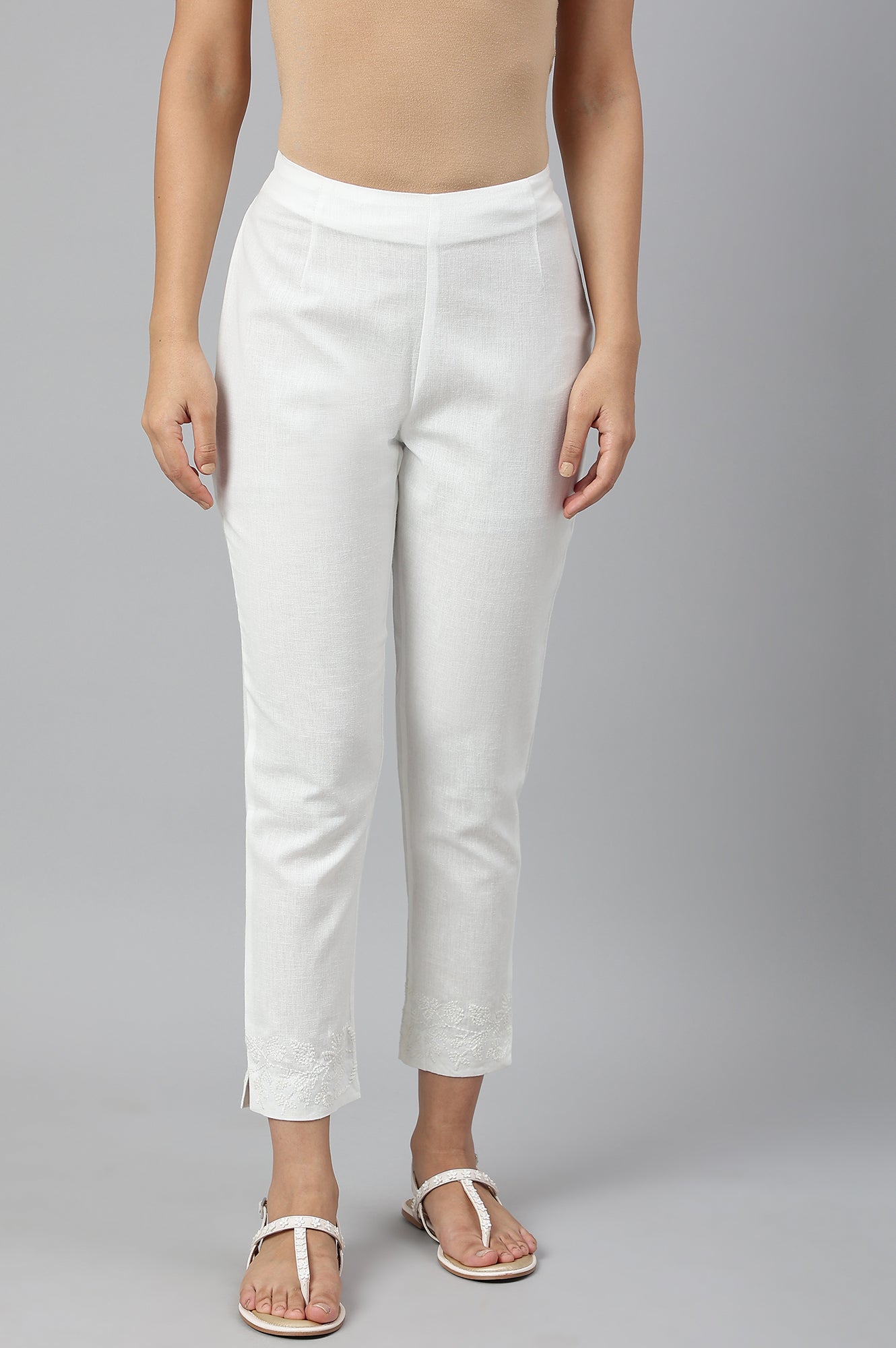 Ecru Cotton Blend Slim Pants