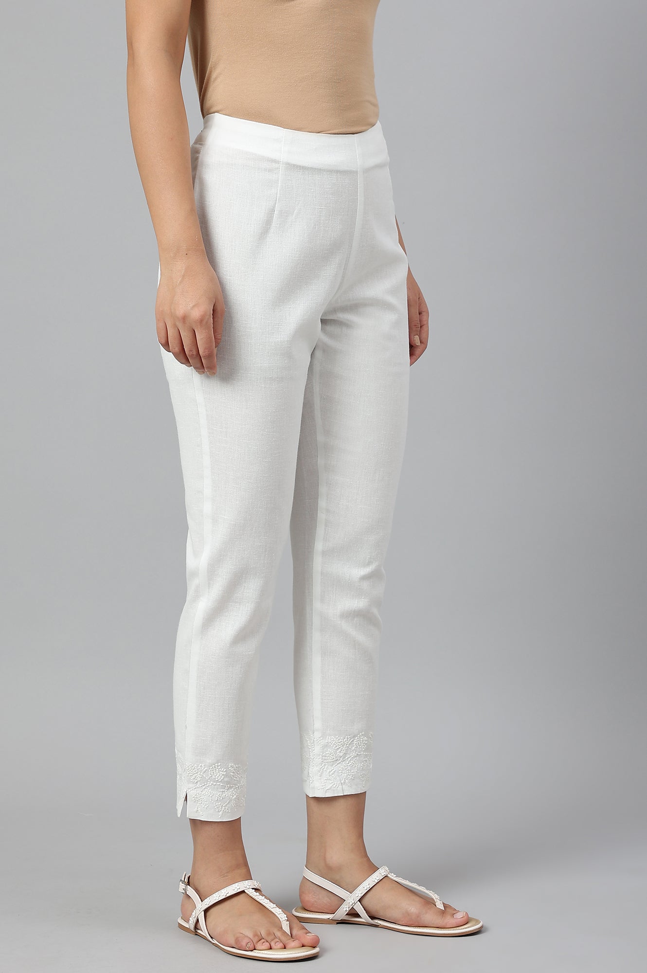 Ecru Cotton Blend Slim Pants