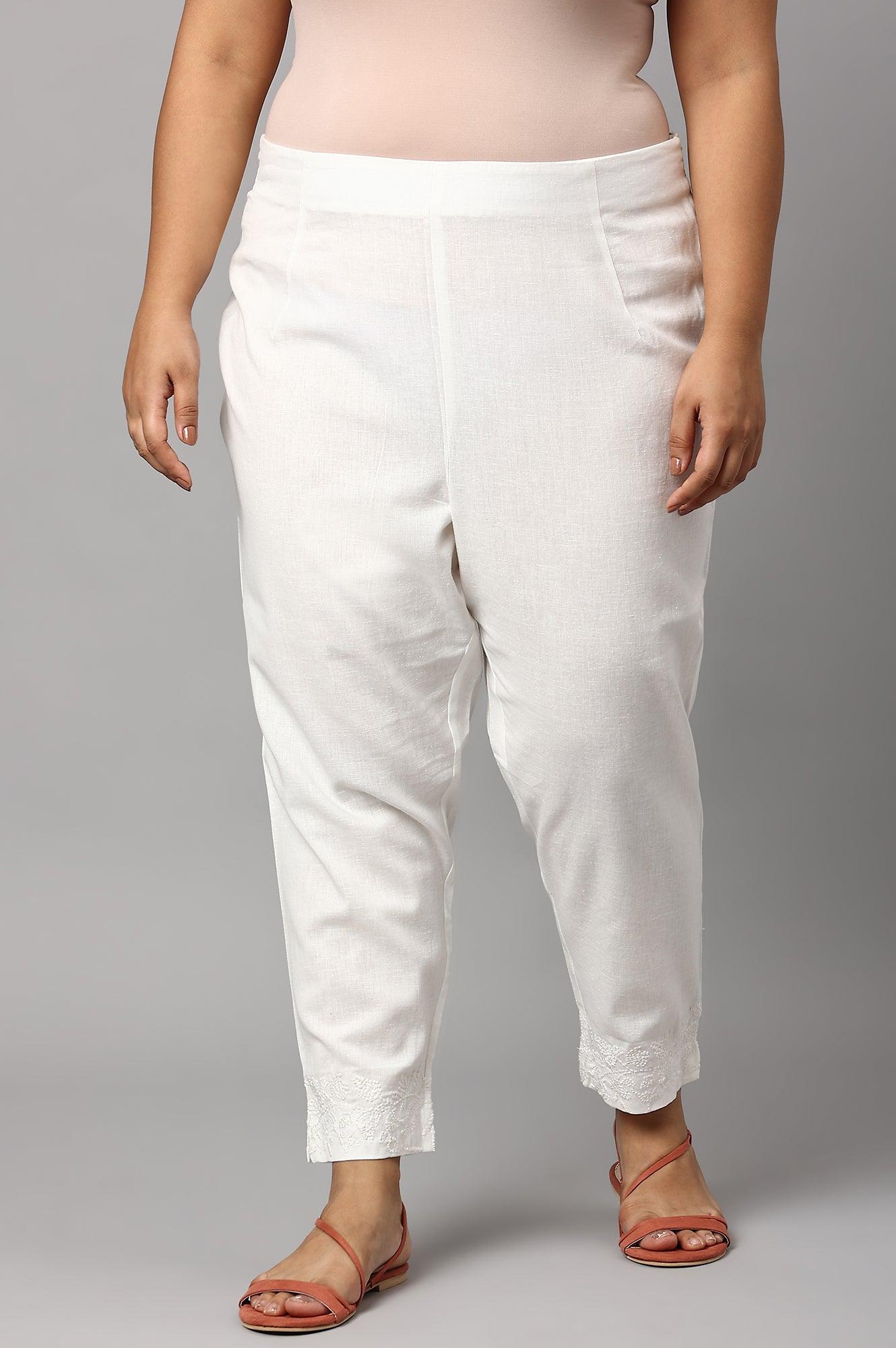 Plus Size Ecru Cotton Blend Slim Pants - wforwoman