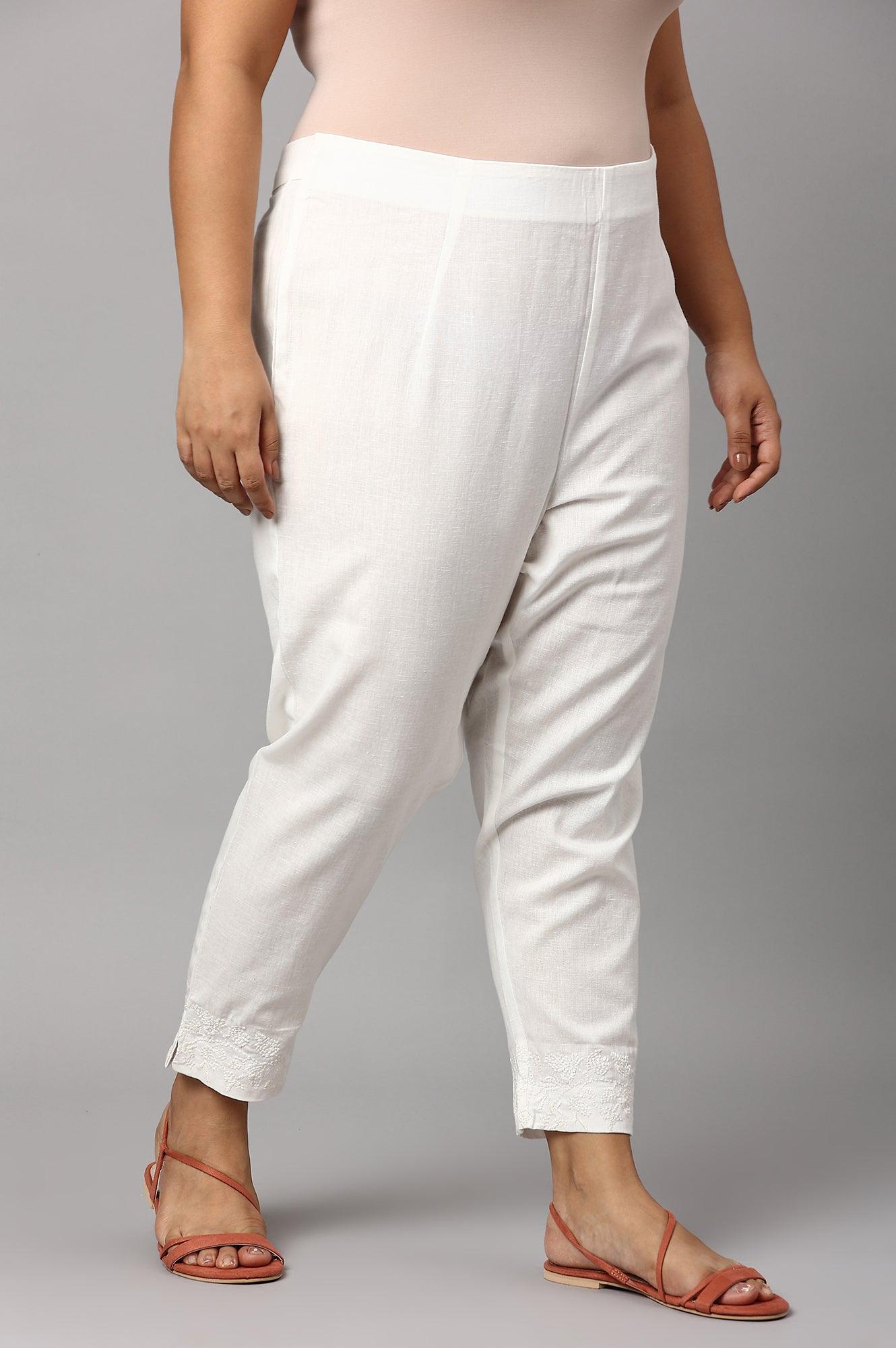 Plus Size Ecru Cotton Blend Slim Pants - wforwoman