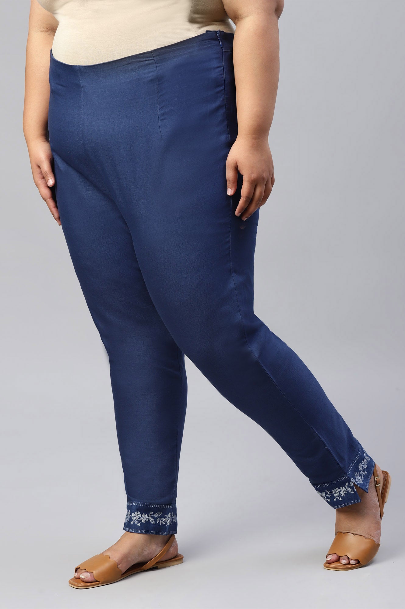 Plus Size Indigo Blue Cotton Blend Slim Pants