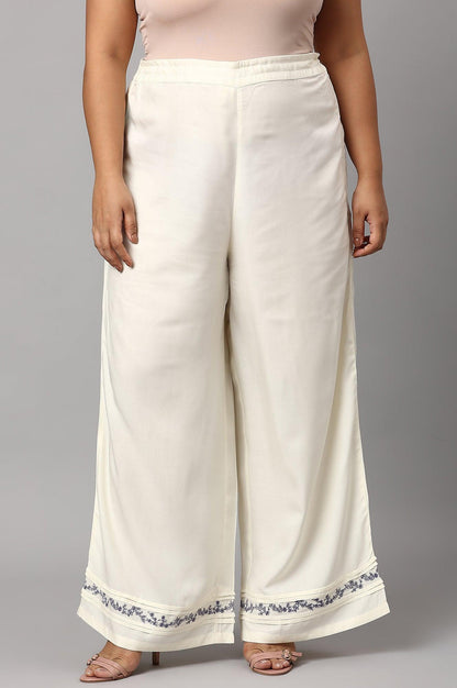 Plus Size Ecru Embroidered Rayon Parallel Pants With Pleats. - wforwoman