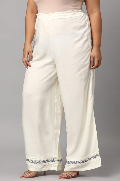 Plus Size Ecru Embroidered Rayon Parallel Pants With Pleats. - wforwoman
