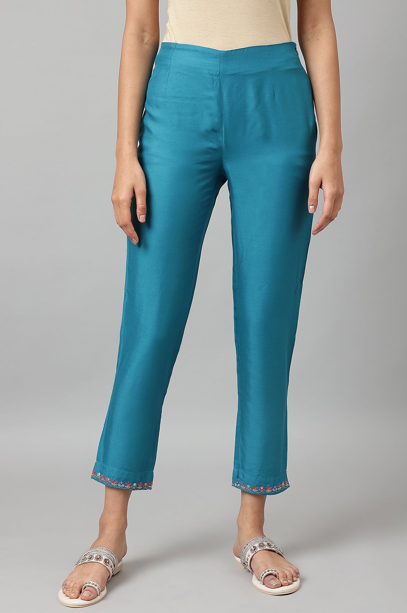 Teal Embroidered Slim Pants