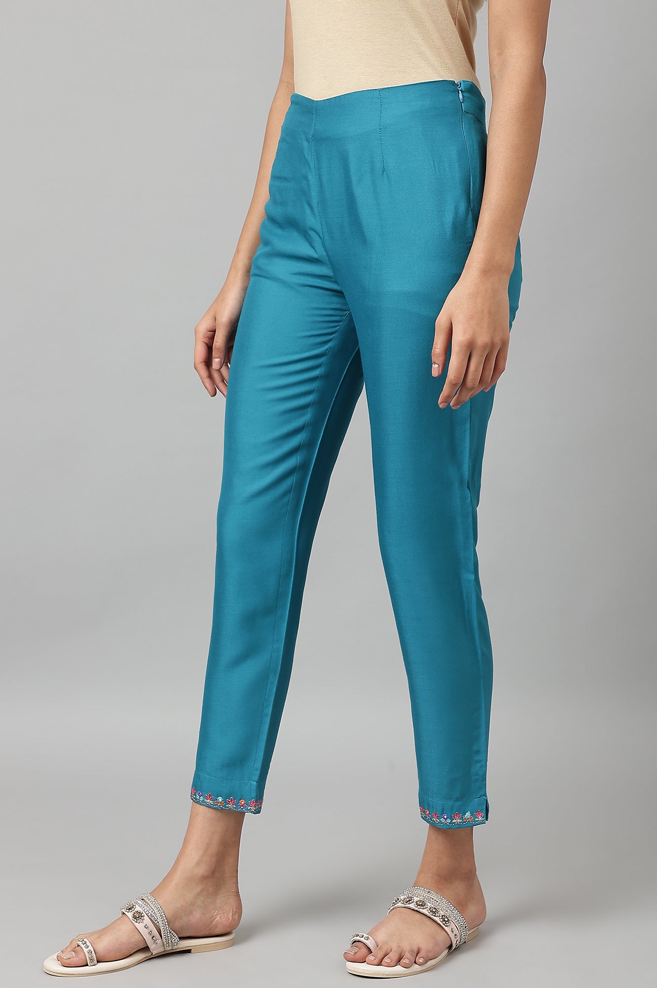 Teal Embroidered Slim Pants