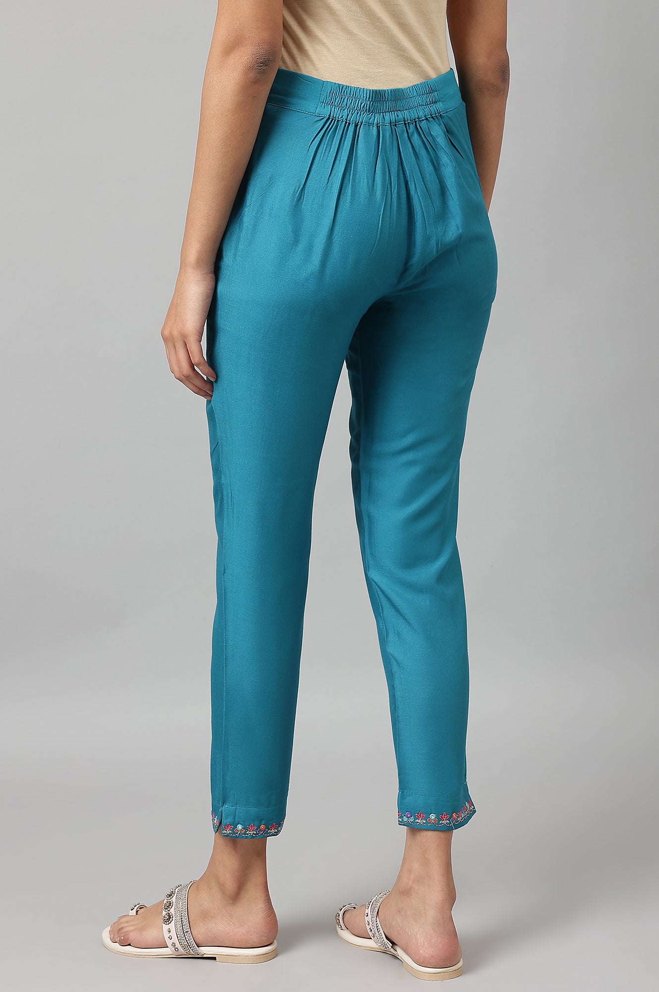 Teal Embroidered Slim Pants