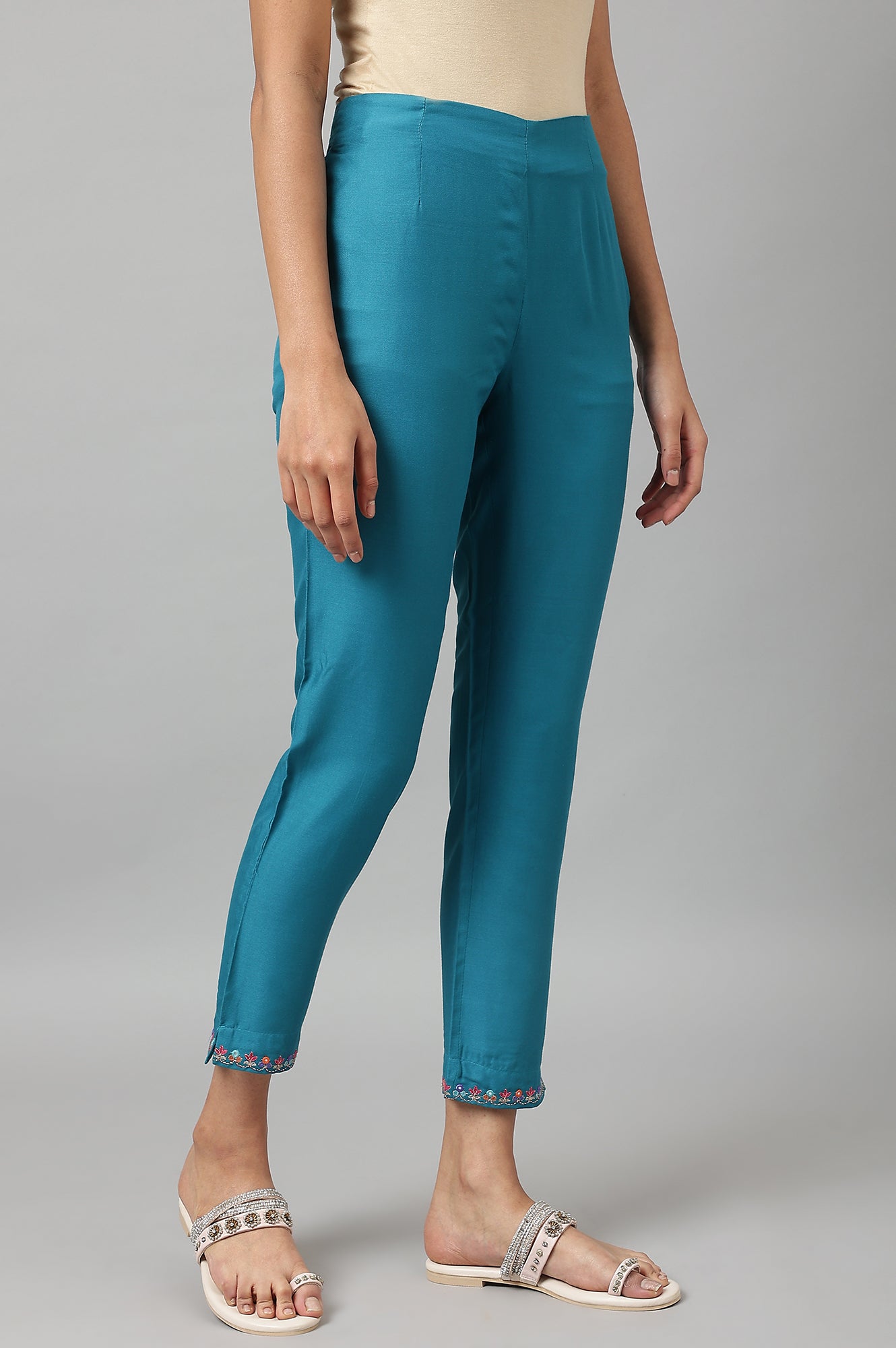 Teal Embroidered Slim Pants