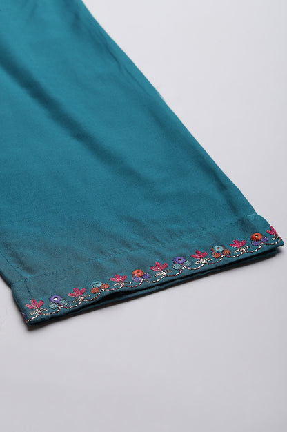 Teal Embroidered Slim Pants