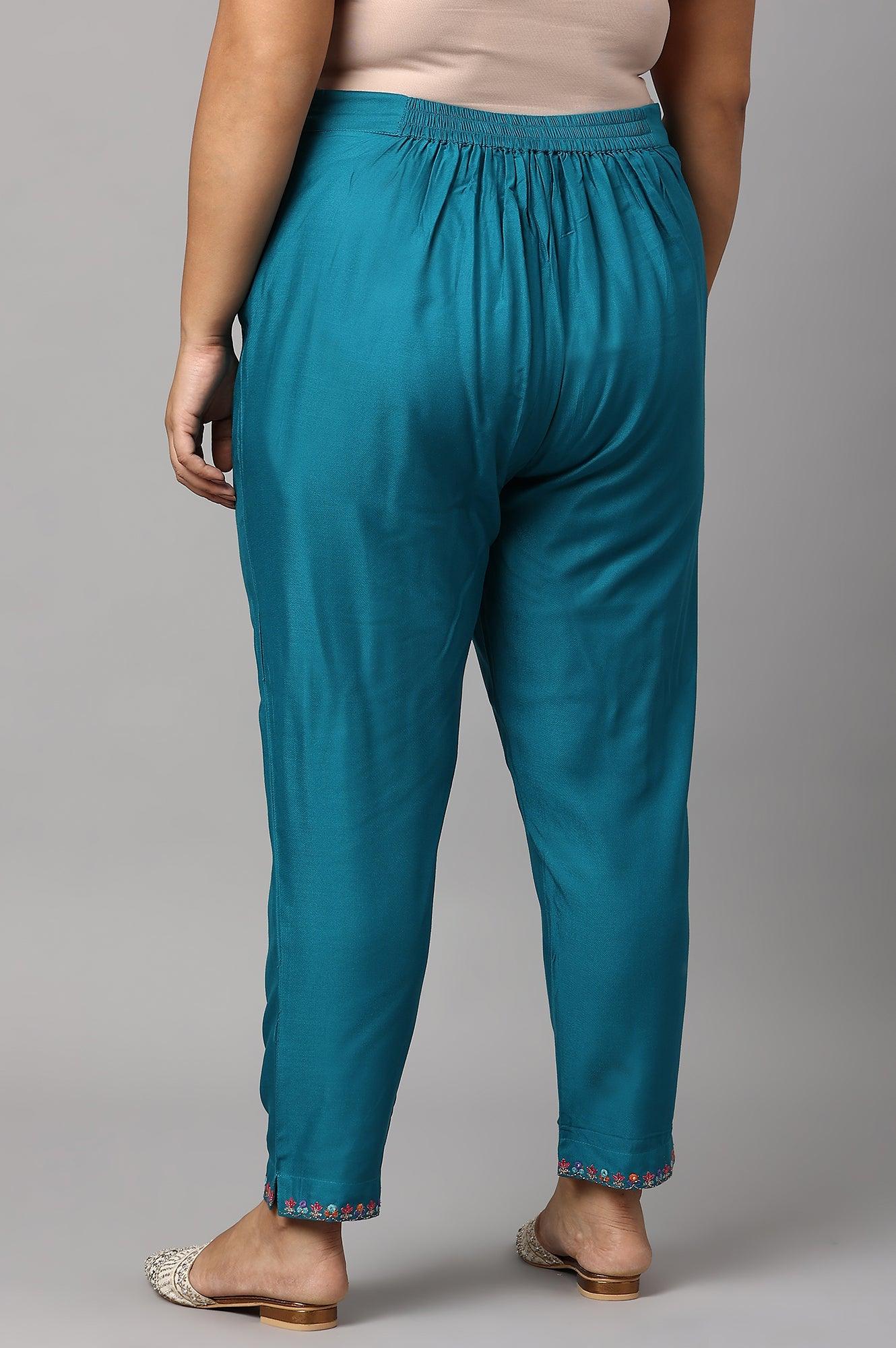 Teal Embroidered Plus Size Slim Pants - wforwoman