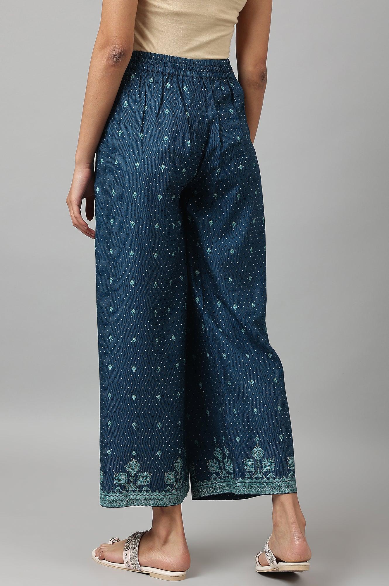 Dark Blue Rayon Printed Parallel Pants - wforwoman