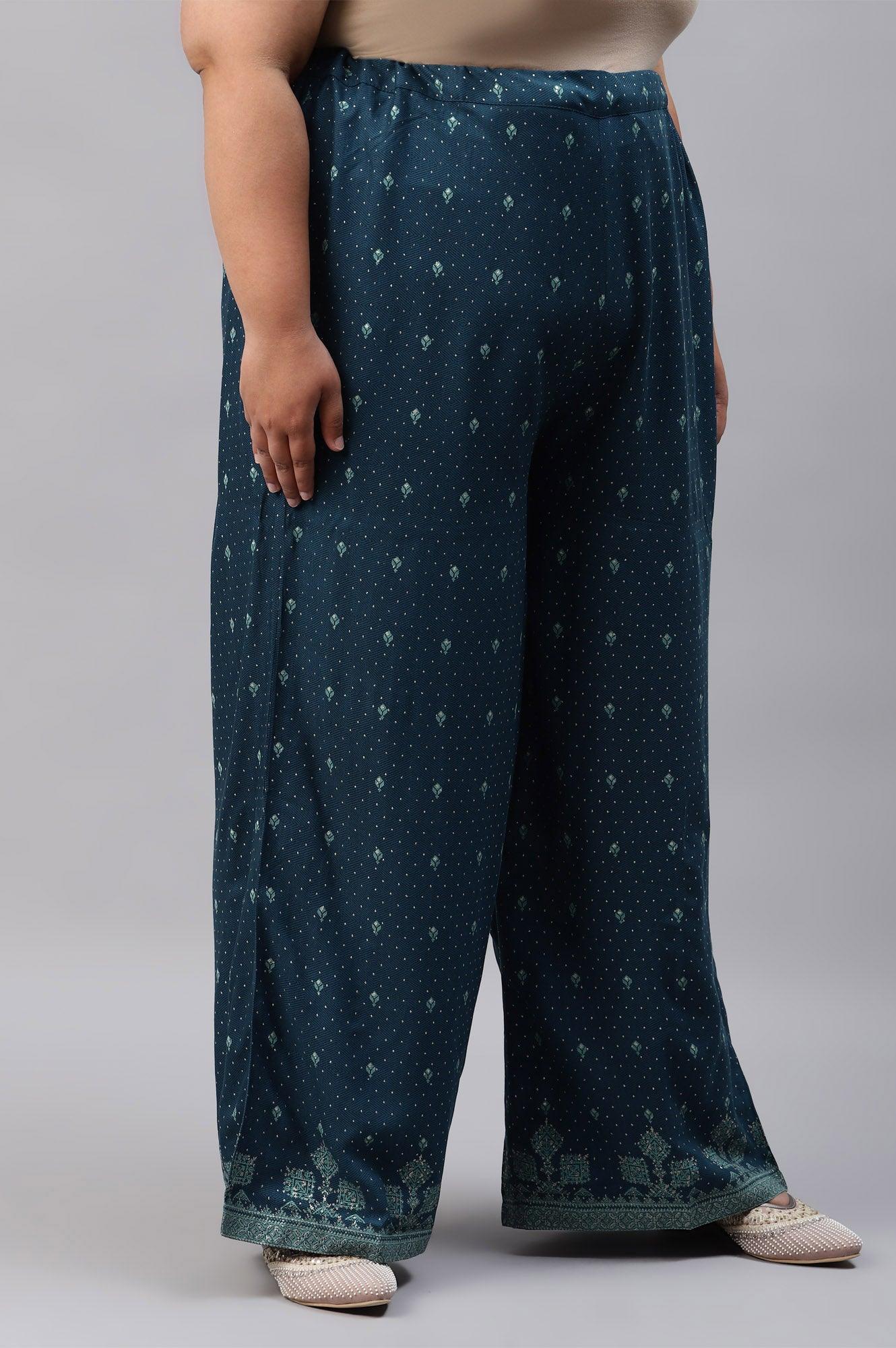 Plus Size Dark Blue Rayon Printed Parallel Pants - wforwoman