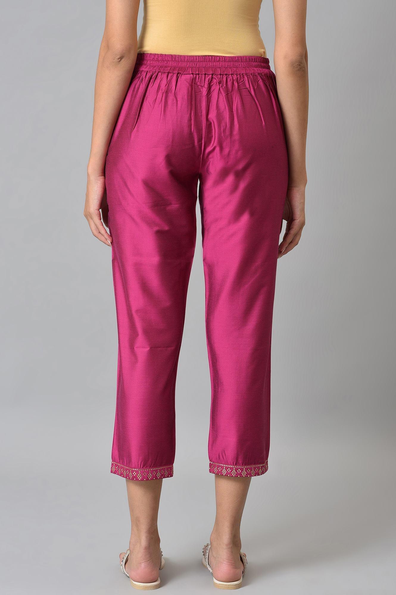Dark Pink Women Pants With Printed Border - wforwoman