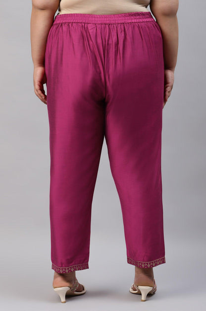 Dark Pink Women Plus Size Pants With Printed Border - wforwoman