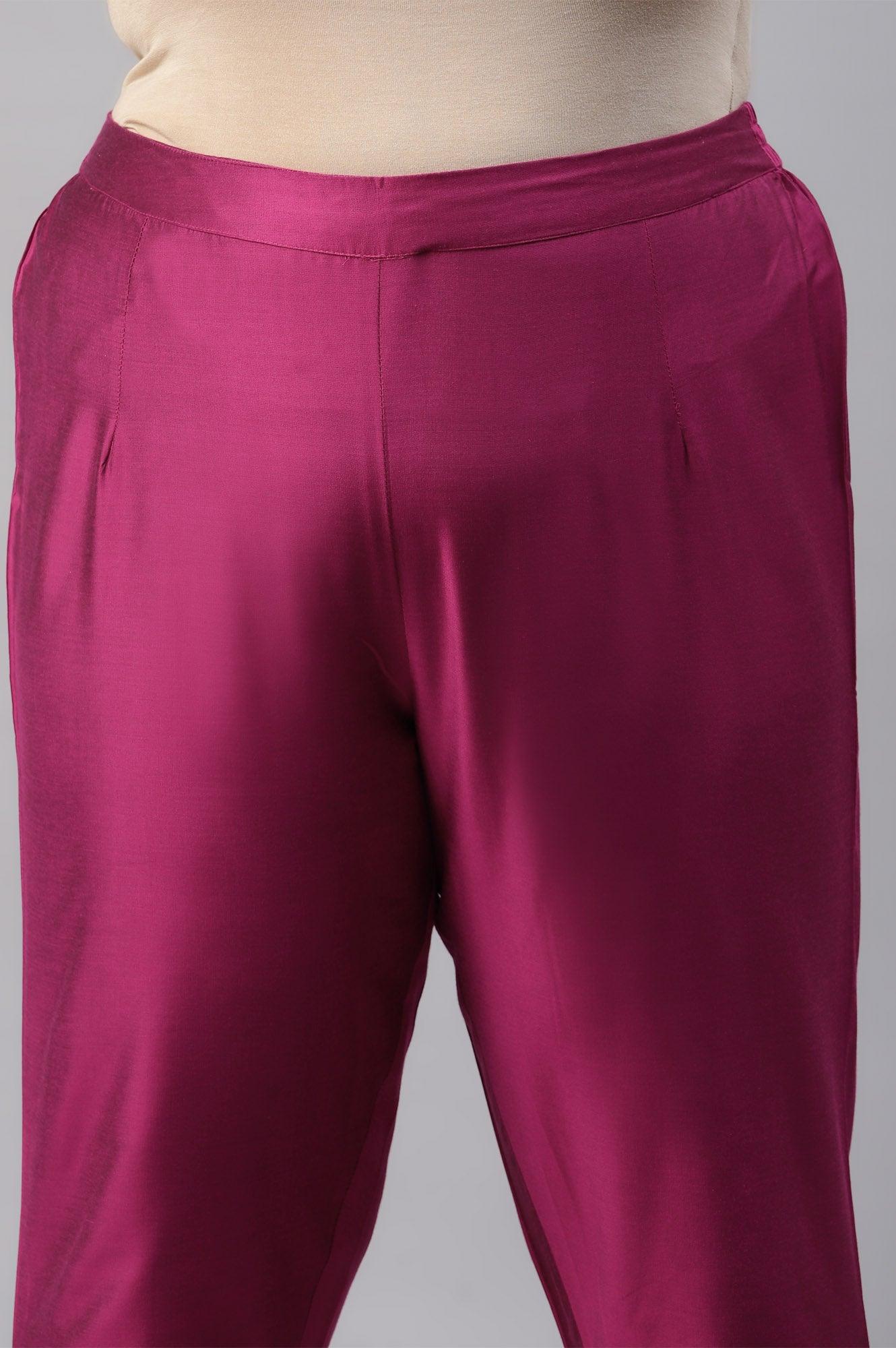 Dark Pink Women Plus Size Pants With Printed Border - wforwoman