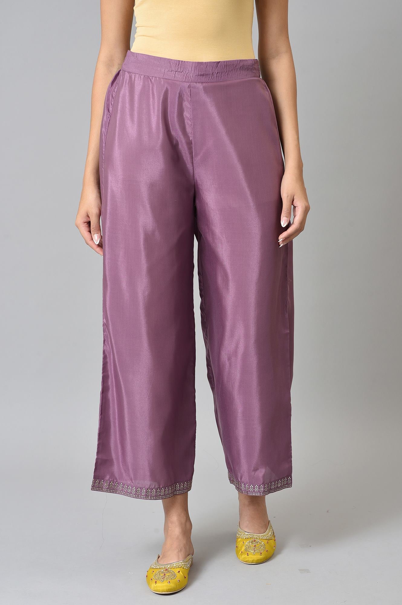 Purple Shantung Straight Parallel Pants