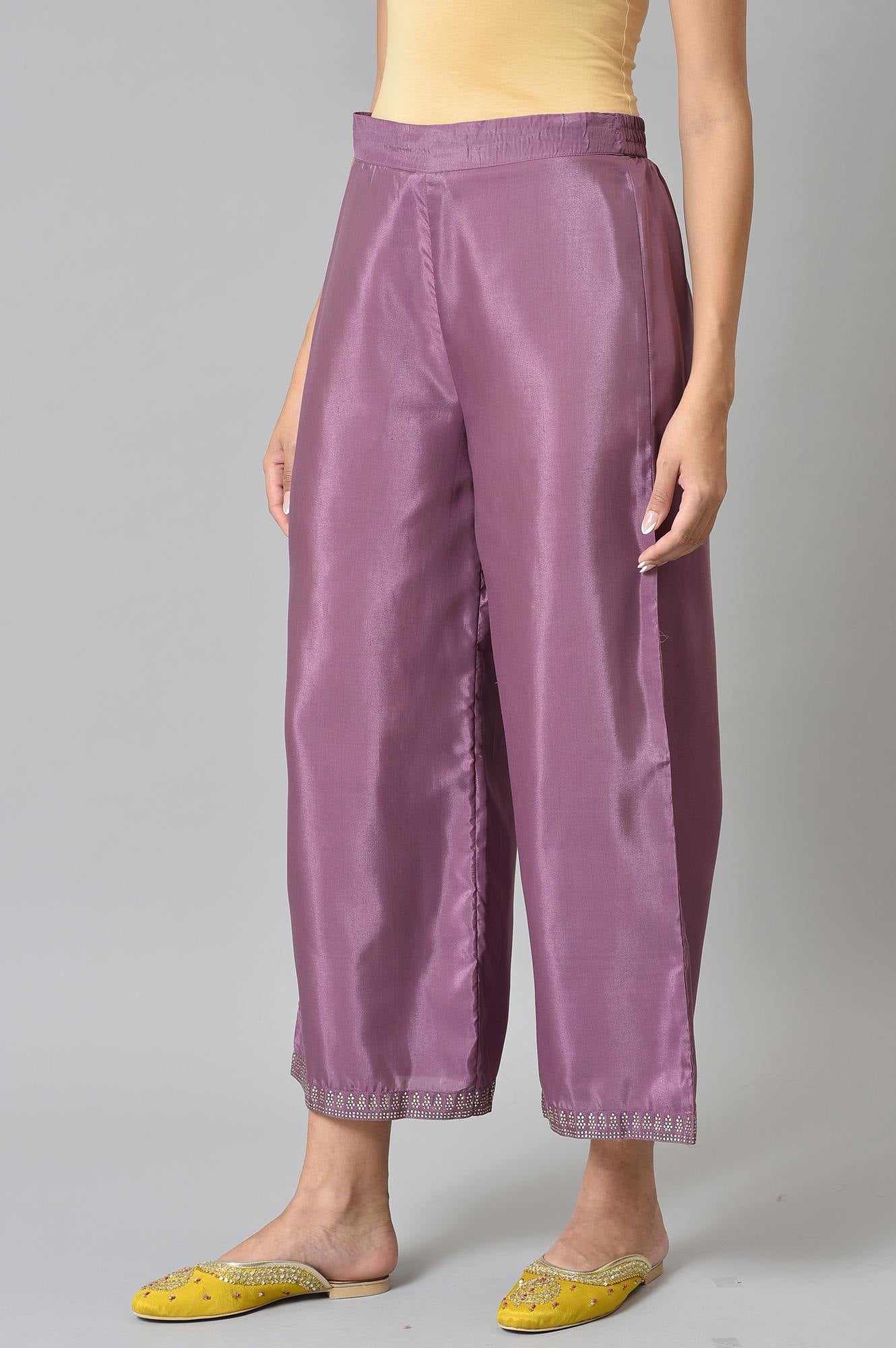 Purple Shantung Straight Parallel Pants