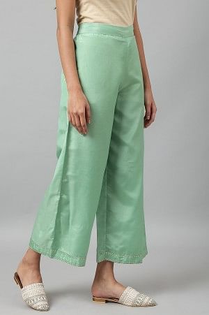 Green Solid Shantung Parallel Pants