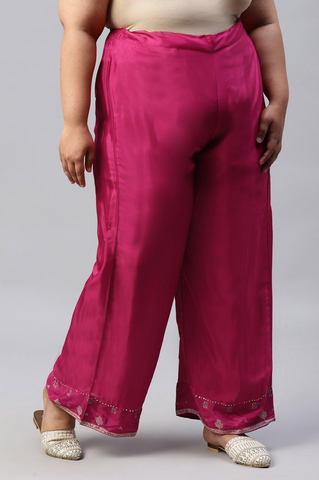 Plus Size Dark Pink Shantung Straight Parallel Pants - wforwoman